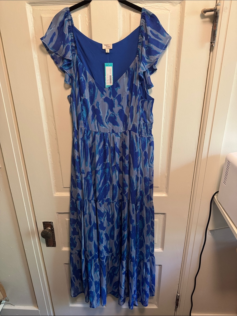 Blue Printed Flutter-Sleeve Maxi Dress